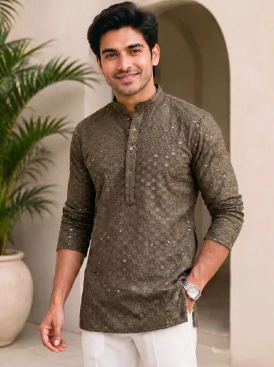 Stylish Chikan Work Fabric in  Full Sleeves Short kurta